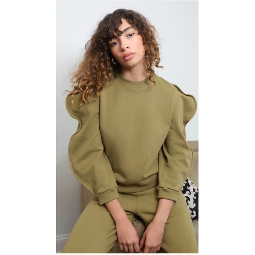 Tibi Scallop Sleeve Sweatshirt in Moss Moss Size Small